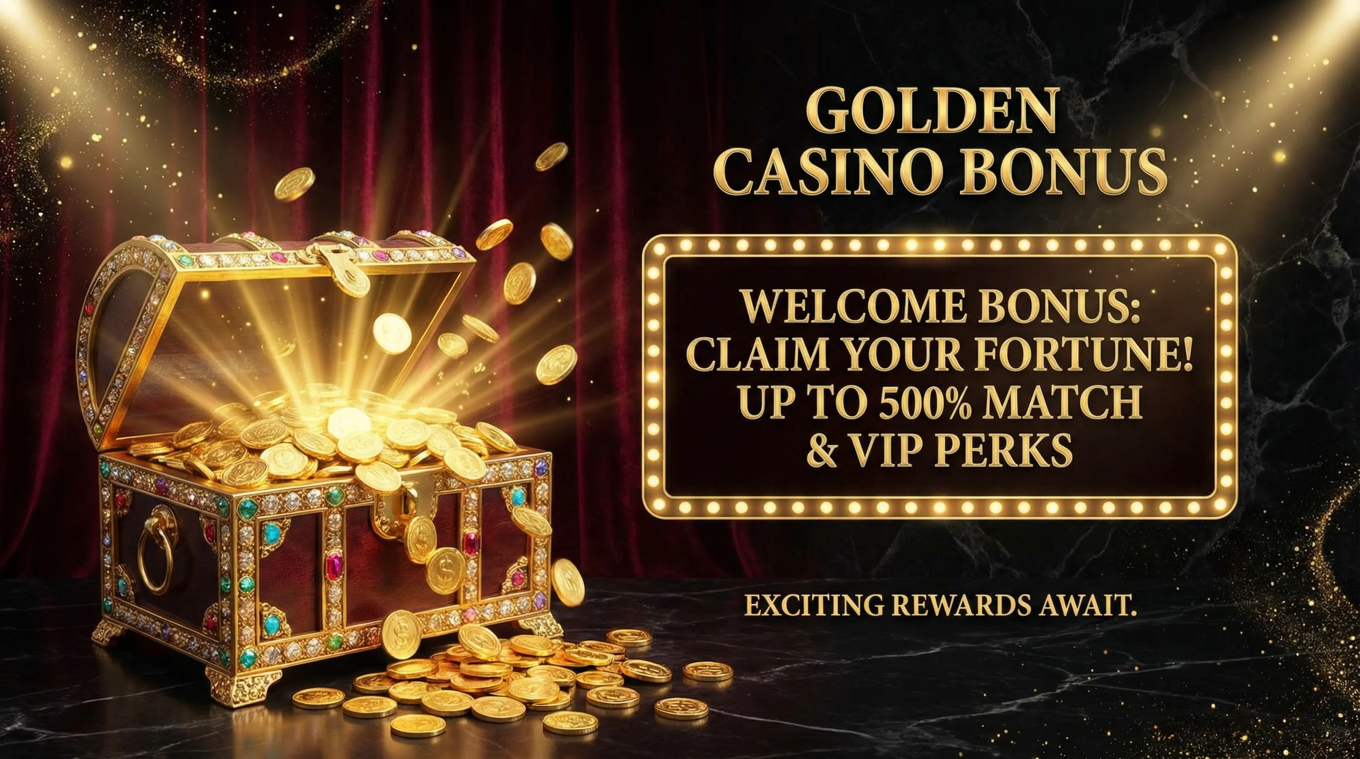 Cofre del tesoro dorado con monedas y bono de bienvenida