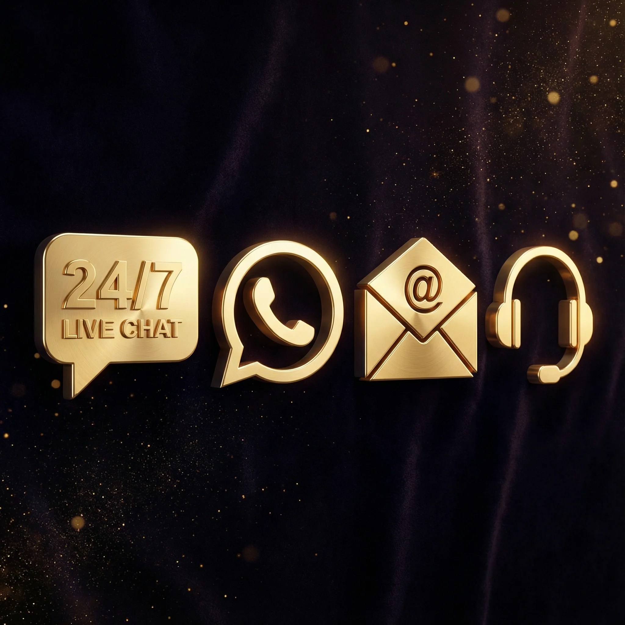 Iconos de soporte: chat 24/7, WhatsApp, email y auriculares